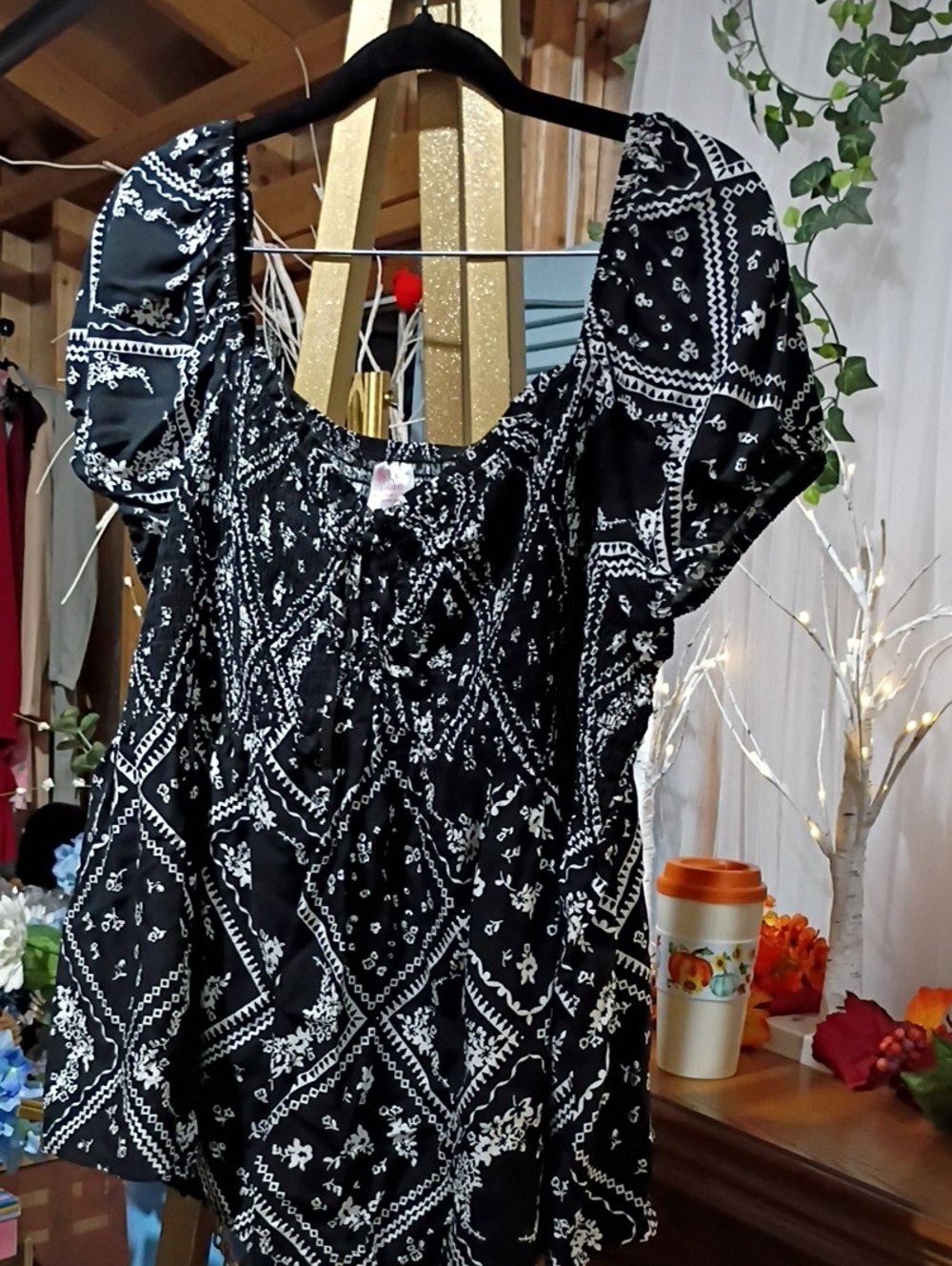 No Boundaries Black and White Bandana-Print Peasant Blouse